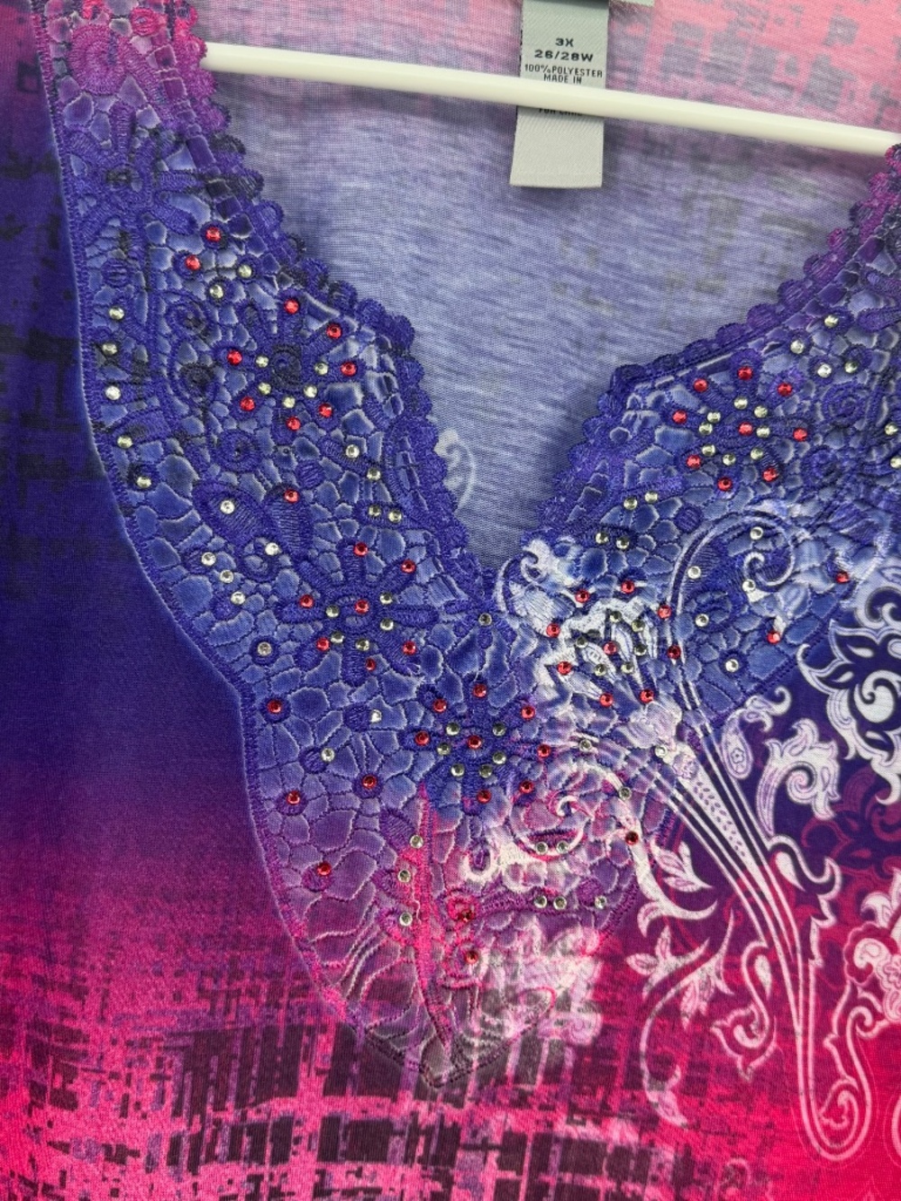Catherines Top Women 3X Pink Purple Rhinestones V Neck 3/4 Sleeves Embroidered - Picture 4 of 10